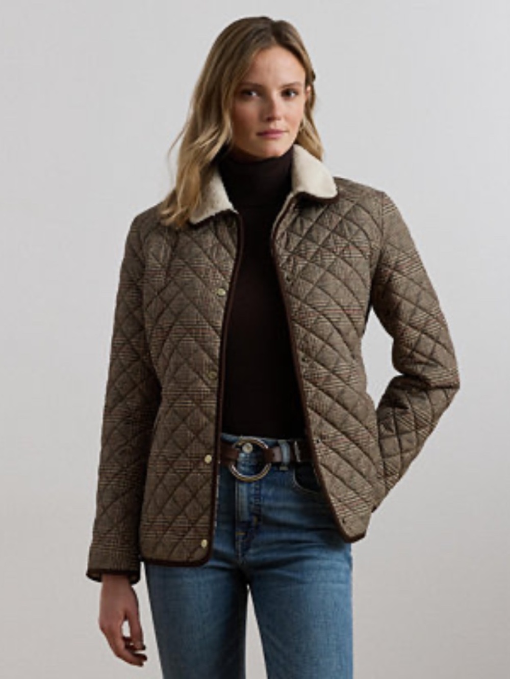 Lauren Ralph Lauren Faux Sherpa Collar Quilted Coat Heritage Plaid Size S